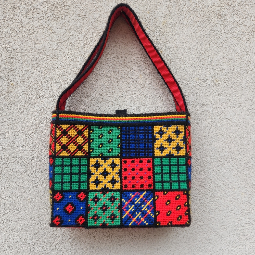 Retro 70s Handmade Tote Cross Stitch Needle Point Patchwork Hand Bag Kitschy - Picture 4 of 11